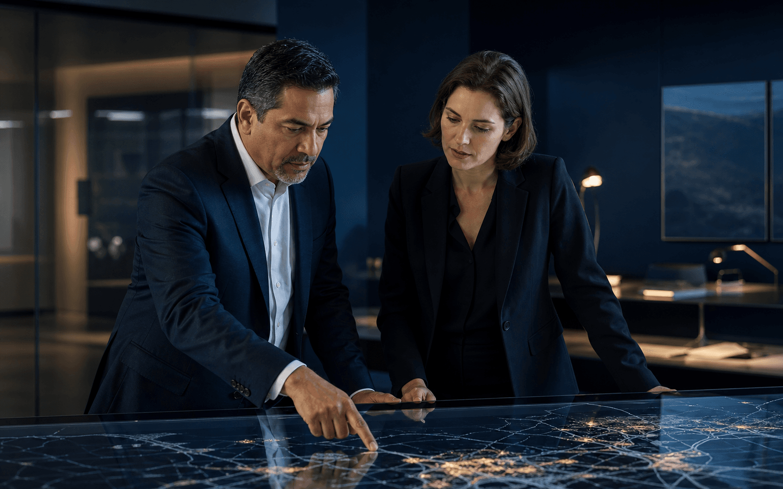Two professionals collaborating around a system map