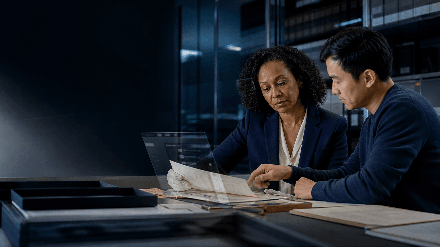 Two professional records specialists reviewing archival material in a modern records environment